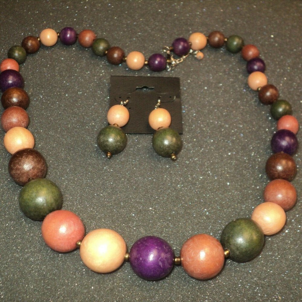 NEW Wooden Bead Necklace (26" Long) and Pierced Wire Dangle Earrings Set